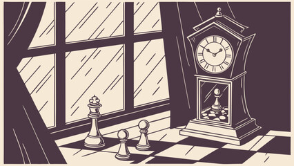 Vintage chess game with grandfather clock and window strategy board game time piece pawn king retro design art