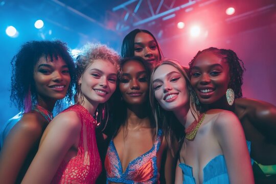 Fashion models smiling and posing together at a lively party, illuminated by vibrant blue and red lights, capturing the essence of celebration - Powered by Adobe