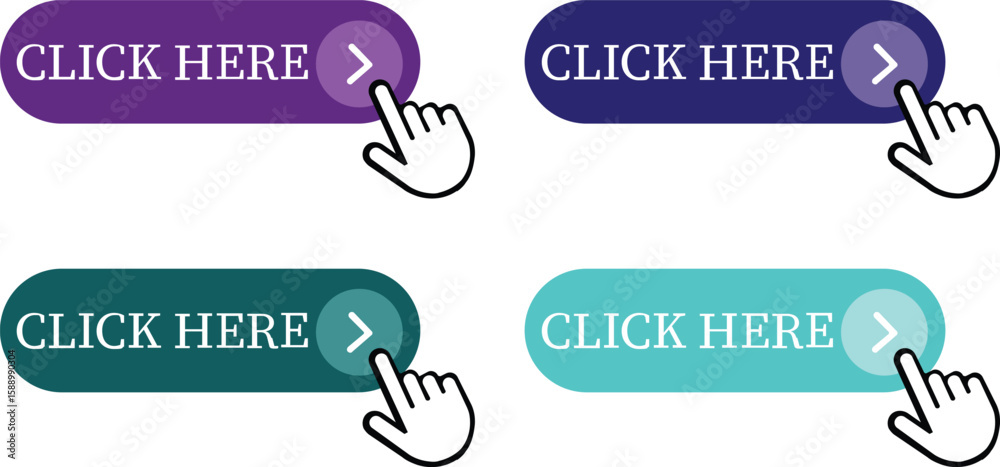 Fototapete Click Here Button Icon set.Pointer Click button. Modern action button mouse click symbol. Computer mouse click cursor or Hand pointer symbol. Cursor arrow icon. Clicking finger. Vector illustration.