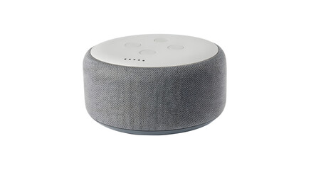 Modern smart speaker with fabric texture and illuminated buttons isolated on transparent background
