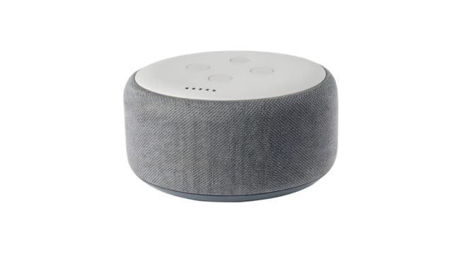 Modern smart speaker with fabric texture and illuminated buttons isolated on transparent background