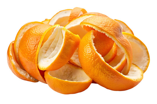 Pile of freshly peeled bright orange citrus fruit skins with white pith isolated on a transparent background