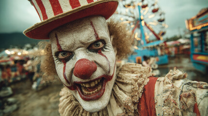 Creepy clown wearing a striped red and white top hat, laughing in front of a scary amusement park.
