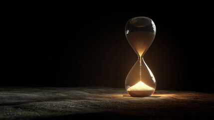 A beautifully lit hourglass with sand flowing down, a symbol of time.