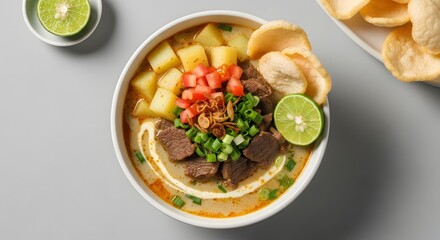 Hearty Beef Soup Bowl with Potatoes and Crackers on Grey Background