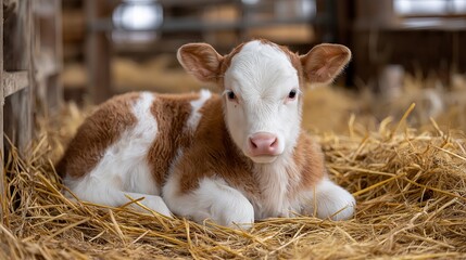 Calf resting on straw in a cozy barn during the afternoon light