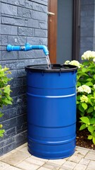 Blue Water Barrel Collecting Rainwater Flowing From Blue Tap Against Brick Wall