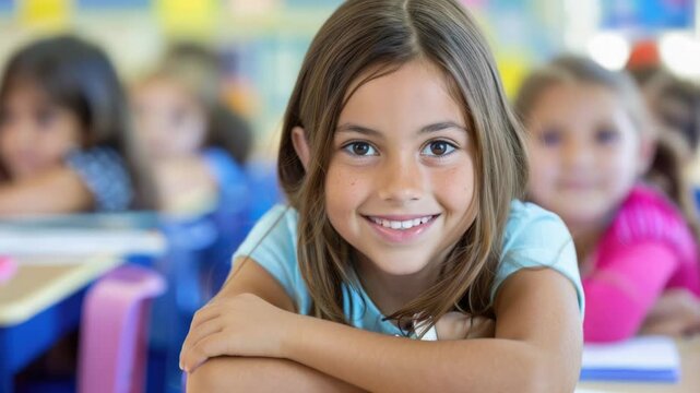 A young girl sits at a desk in a typical classroom setting, focused on her schoolwork