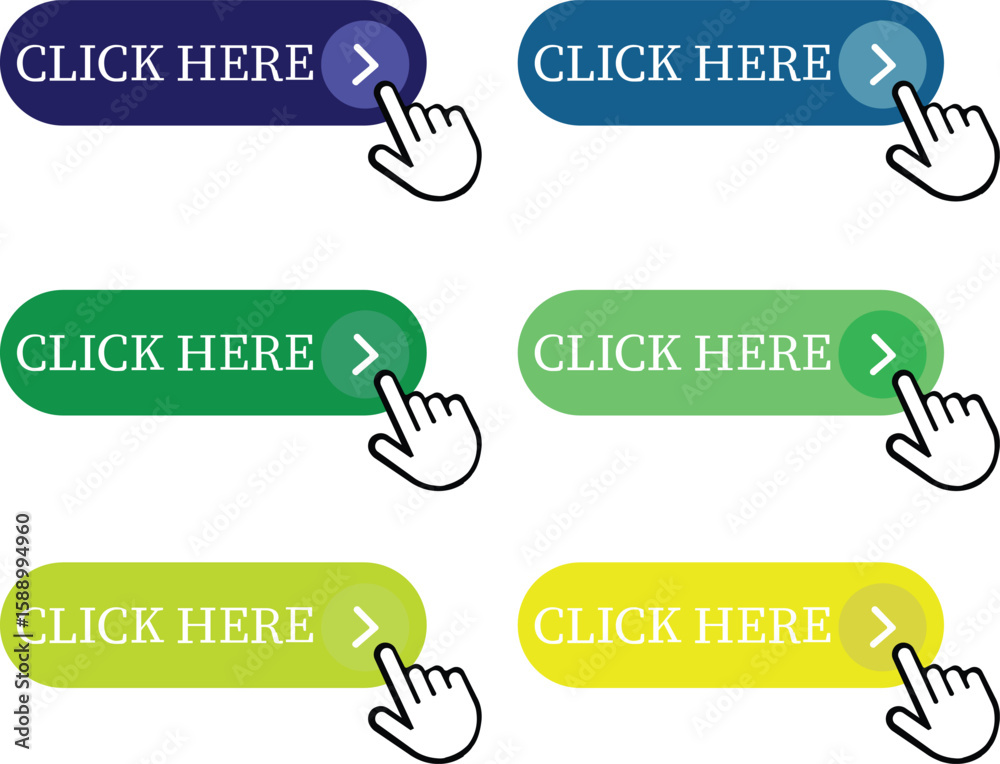 Fototapete Click Here Button Icon set.Pointer Click button. Modern action button mouse click symbol. Computer mouse click cursor or Hand pointer symbol. Cursor arrow icon. Clicking finger. Vector illustration.