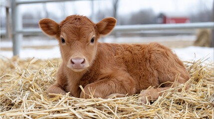 Calf resting on straw in a cozy barn during the afternoon light