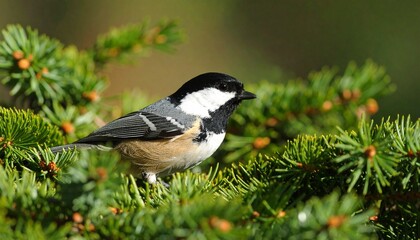 Naklejka premium Coal tit nestled in dense pine needles, its black cap gleaming under dappled forest light, ultra-clear. 