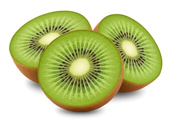 Three vibrant kiwi fruit halves showcasing their green flesh and black seeds isolated on white background
