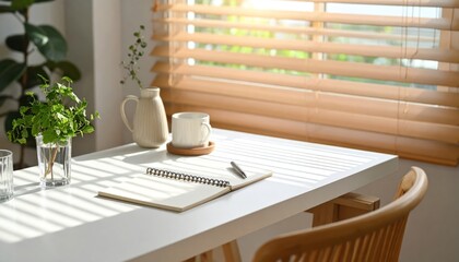 Bright Interior Workspace With White Desk Wooden Chair And Natural Light From Window Blinds