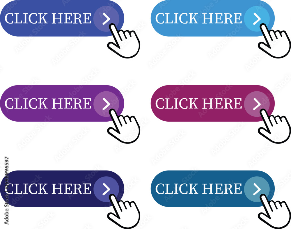 Fototapete Click Here Button Icon set.Pointer Click button. Modern action button mouse click symbol. Computer mouse click cursor or Hand pointer symbol. Cursor arrow icon. Clicking finger. Vector illustration.