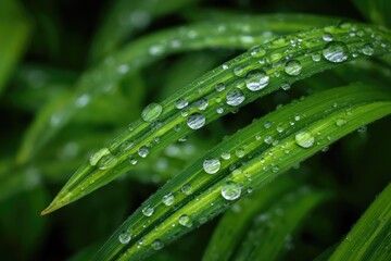 Close-up of wet grass blades with dew drops