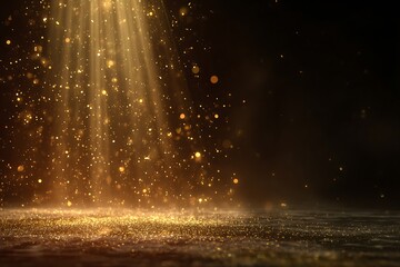 Illustration of golden light rays and sparkles on a dark background create a magical atmosphere