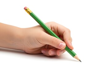 Close up of a hand holding a green pencil writing on a white background isolated on white background
