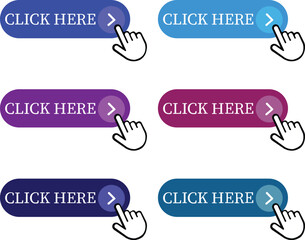 Click Here Button Icon set.Pointer Click button. Modern action button mouse click symbol. Computer mouse click cursor or Hand pointer symbol. Cursor arrow icon. Clicking finger. Vector illustration.