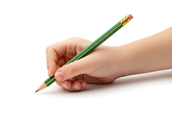 Child s hand holding a green and yellow pencil writing or drawing on a white background isolated on white background