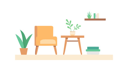 Illustration of living room interior design with armchair table plants and books for home decor ideas