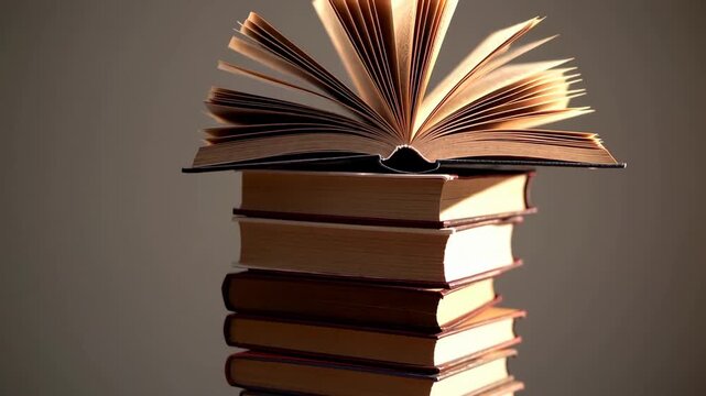 Open book slowly turns its pages on top of a stack of books, isolated on a gray background, creating a captivating visual representation of knowledge and learning