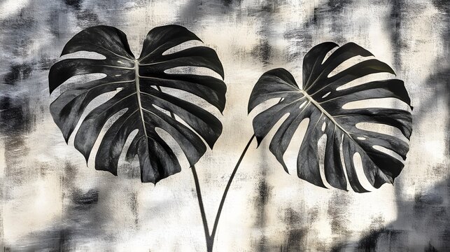 Dramatic Monochrome Monstera Leaves Against Textured Wall - Powered by Adobe