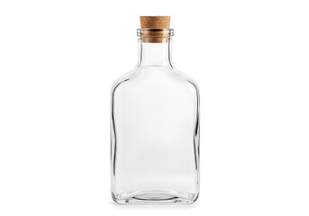 Clear glass bottle with a natural cork stopper isolated on white background