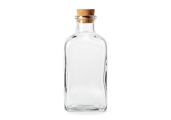 Clear glass bottle with cork stopper isolated on white background
