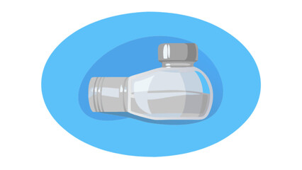 Clear liquid medicine bottle with gray cap on blue background for healthcare and medical illustrations