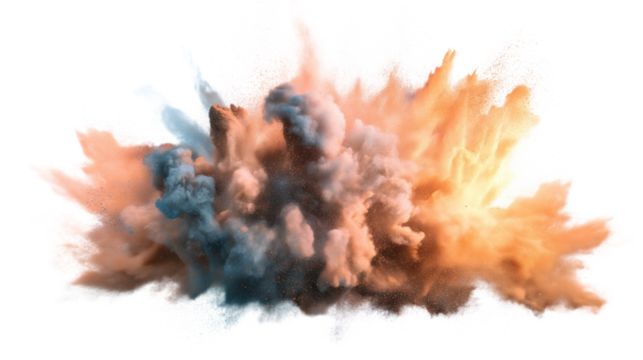 Dynamic Powder Burst with Orange and Blue Colors on Transparent Layer for Overlays