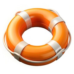 Bright orange life buoy ring with white straps and rope isolated on white background