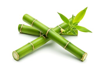 Two vibrant green bamboo stalks crossed with fresh leaves on a white background isolated on white background