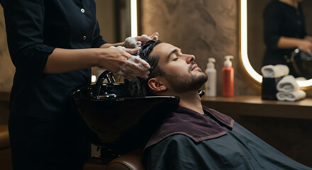 Relaxed man receiving a professional hair wash at a modern salon or barbershop for grooming and pampering