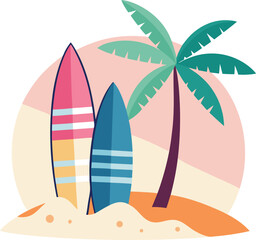  flat vector surfboards leaning against palm tree