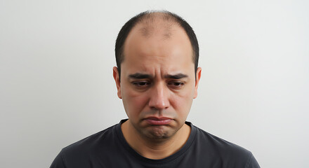 Obraz premium Man with a sad, worried expression looking down, conveying feelings of despair and unhappiness against a plain background.
