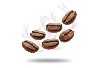 Freshly roasted coffee beans with wisps of steam floating isolated on white background