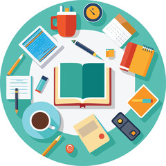 flat vector top down view of student workspace wi