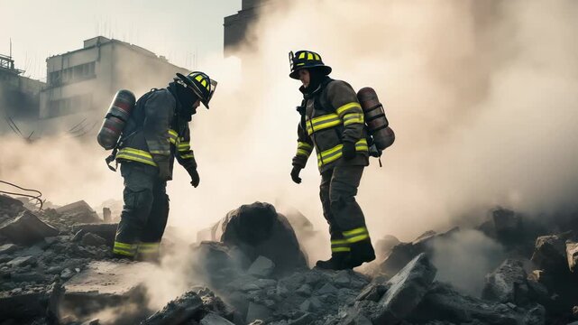 Brave firefighters search for survivors amidst the rubble and smoke filled air of a collapsed building, demonstrating their courage and dedication in the face of disaster