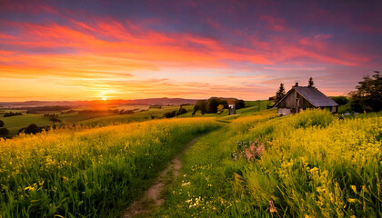Golden light bathes the vast field and rolling landscape under a vibrant sunset sky