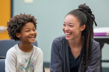 Obraz premium Teacher and elementary school student sharing a laugh during a lesson, showing positive learning environment