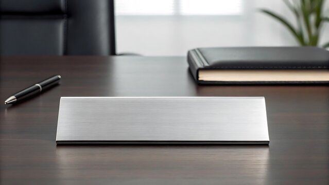 Brushed metal nameplate on dark wood desk silver office