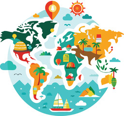 flat vector world map decorated with tropical 