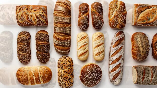 A variety of freshly baked bread types arranged on a clean surface, highlighting different shapes, colors, and toppings