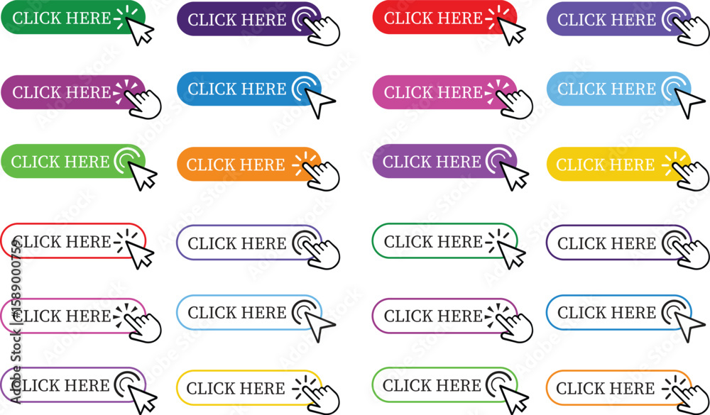 Poster click here button icon set.pointer click button. modern action button mouse click symbol. computer m