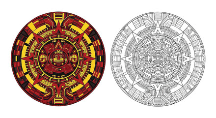 Naklejka premium Aztec Calendar Inspired Mandala Coloring Page Featuring Bold Colored and Outline Design Versions