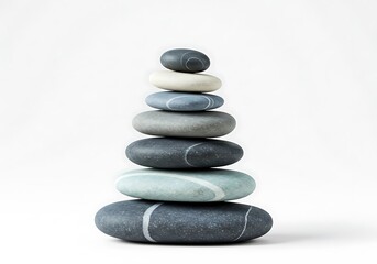 Stacked balance stones with natural stripes creating a peaceful pyramid on a white background isolated on white background