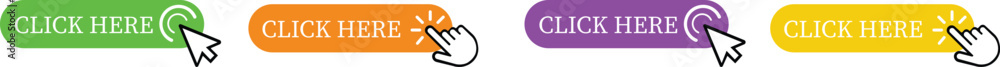 Poster click here button icon set.pointer click button. modern action button mouse click symbol. computer m