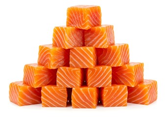 Fresh raw salmon cubes stacked in a pyramid shape isolated on white background