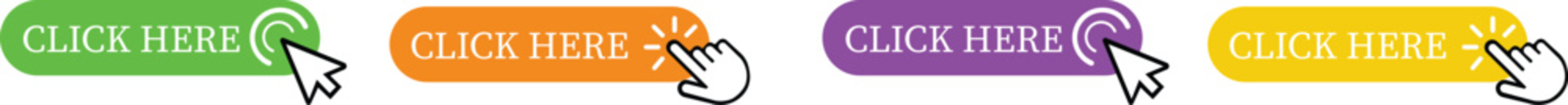 Click Here Button Icon set.Pointer Click button. Modern action button mouse click symbol. Computer mouse click cursor or Hand pointer symbol. Cursor arrow icon. Clicking finger. Vector illustration.