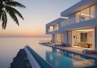 Fototapeta premium A luxurious villa with an infinity pool overlooks the ocean at sunset